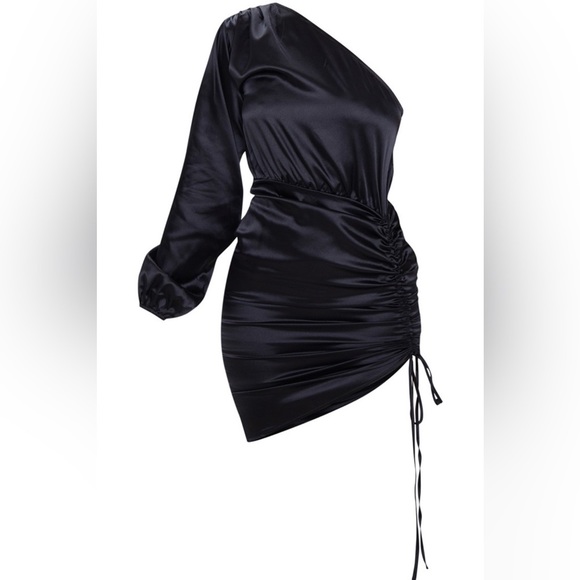 Black One Shoulder Ruched Satin Bodycon Dress - Picture 2 of 5